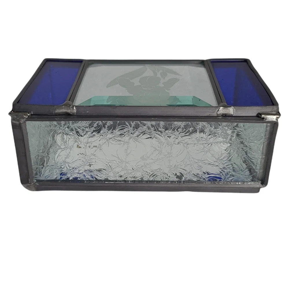 Vtg Trinket Jewelry Box Etched Iris Cobalt Blue Frosted Beveled Glass Mirrored